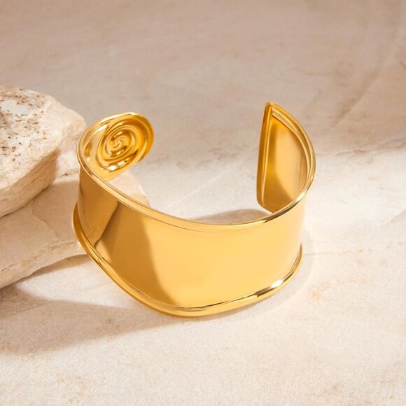 Gold Chunky Wide Open Steel Cuff Bracelet for Women with Swirl Pattern Elegant J - Picture 5 of 7